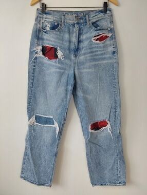 American Eagle Distressed Buffale Plaid Patches High Rise 90's Boyfriend Jean